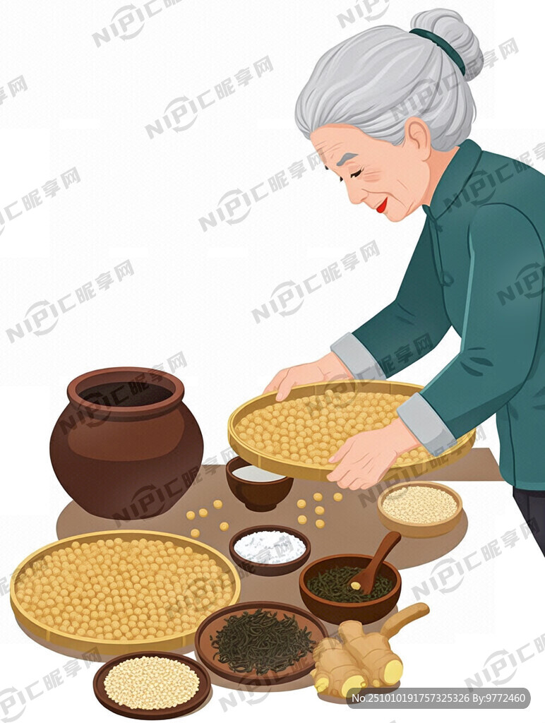 白发老奶奶拿着筛子在桌子旁边挑