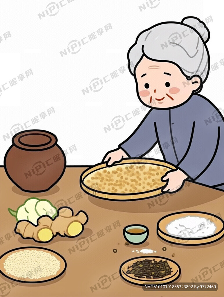 白发老奶奶拿着筛子在桌子旁边挑