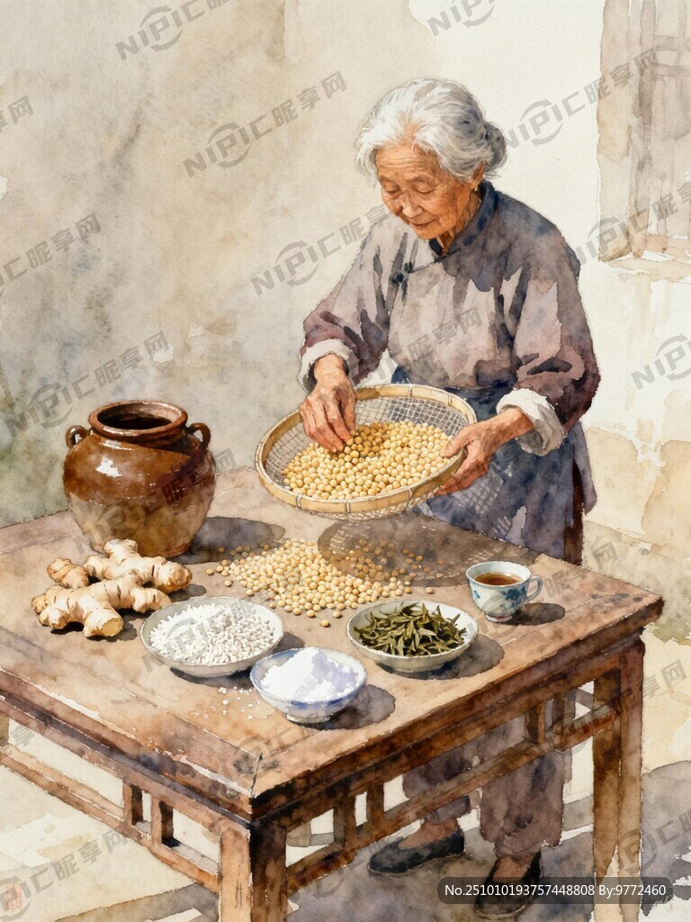 白发老奶奶拿着筛子在桌子旁边挑