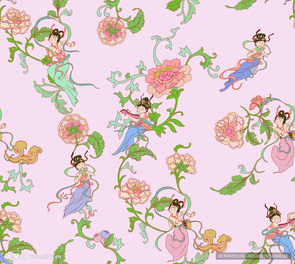 古典仙女花卉图案设计