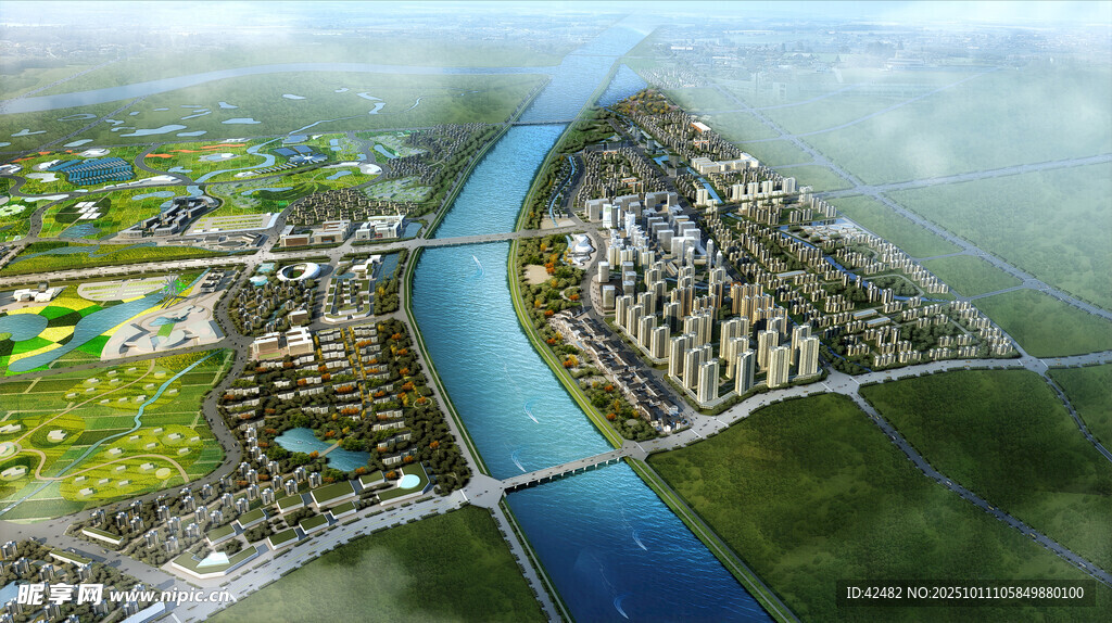 城市河流景观俯瞰图