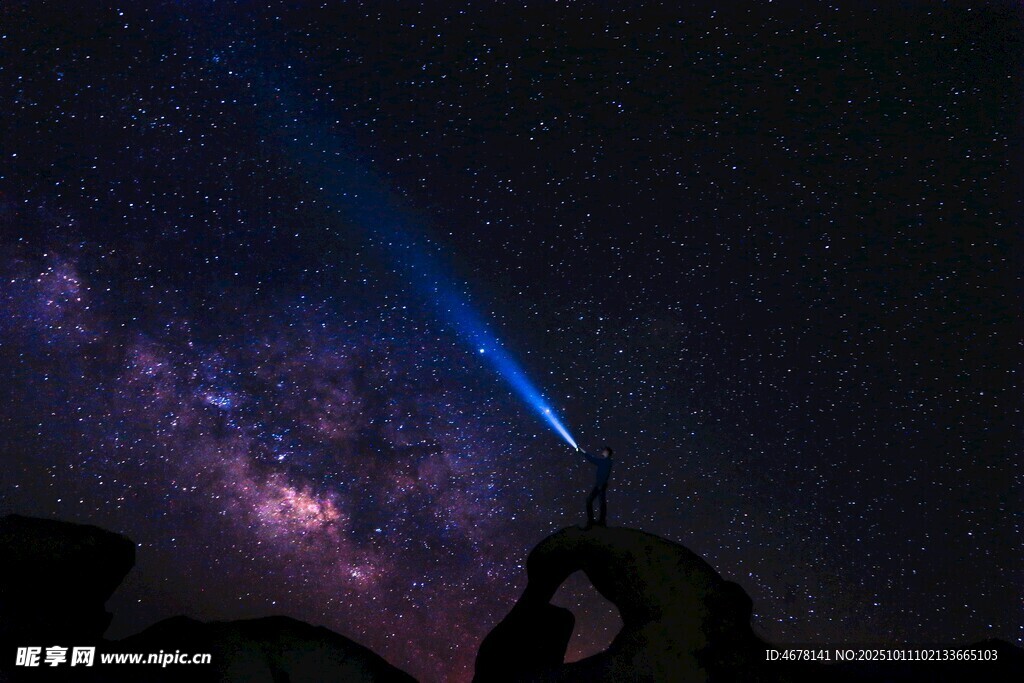 星空下的手电筒光束