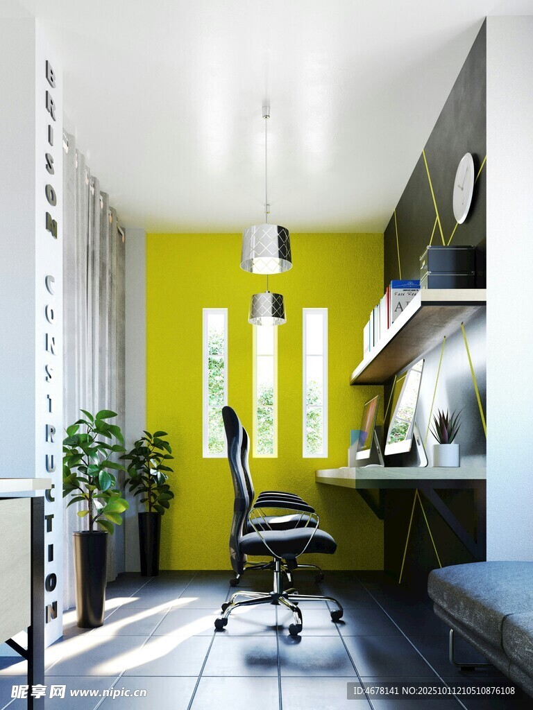 明亮黄墙的简约办公空间