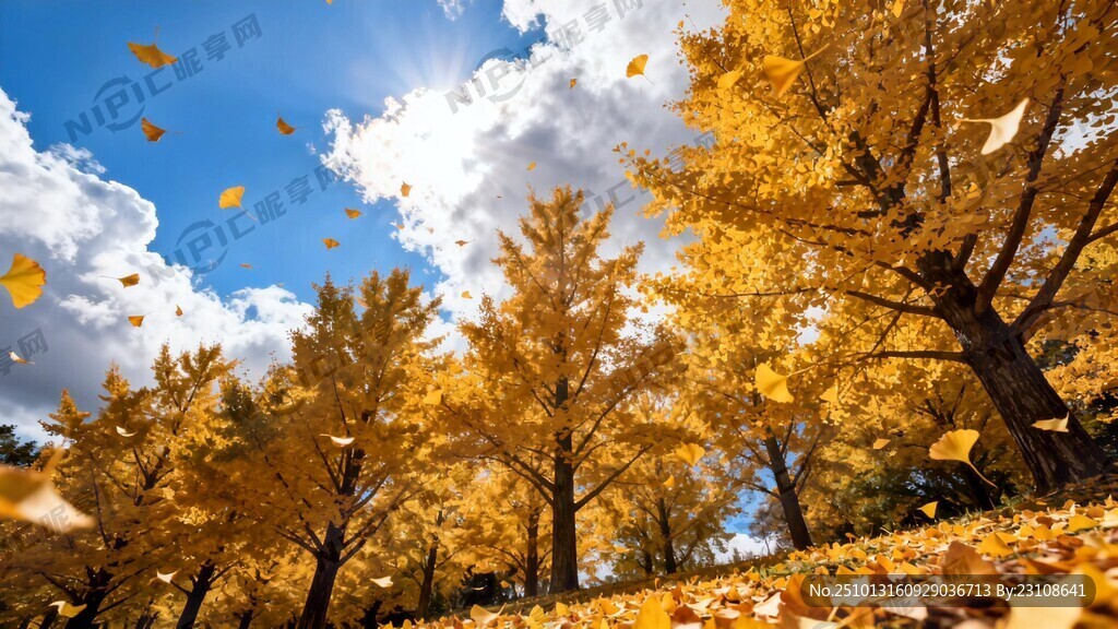 周围金色银杏树冲天而起看到蓝天