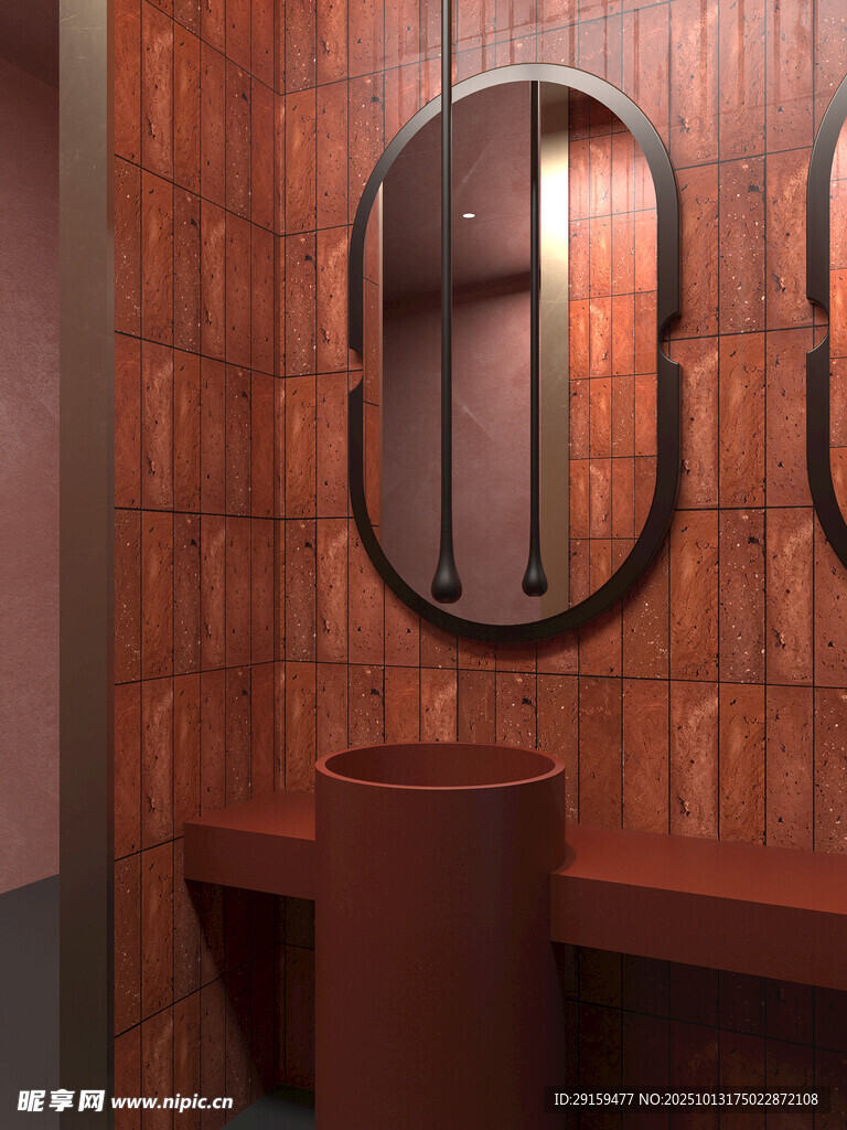 木质浴室的圆形镜与洗手台