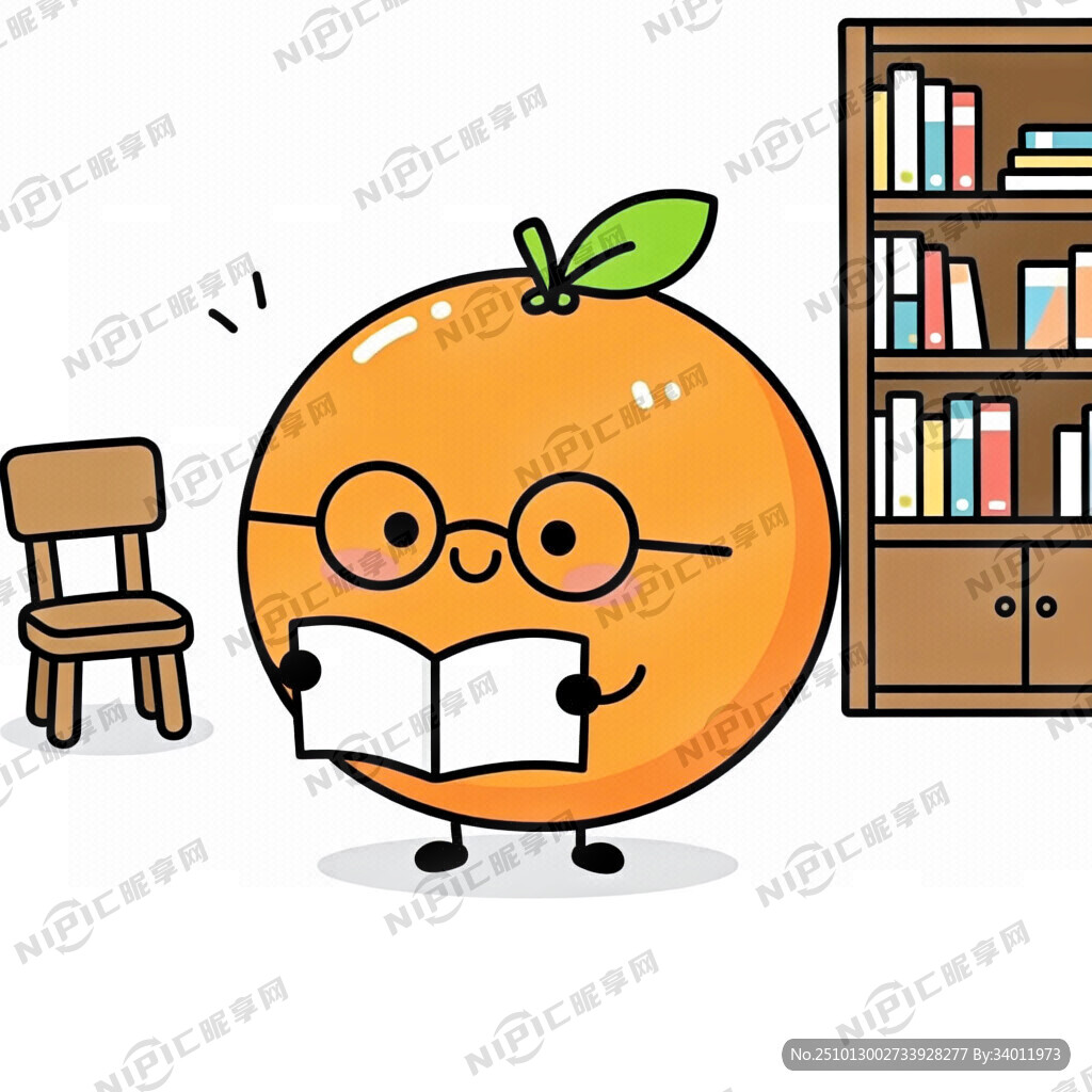 一个橙子站立读书的卡通画