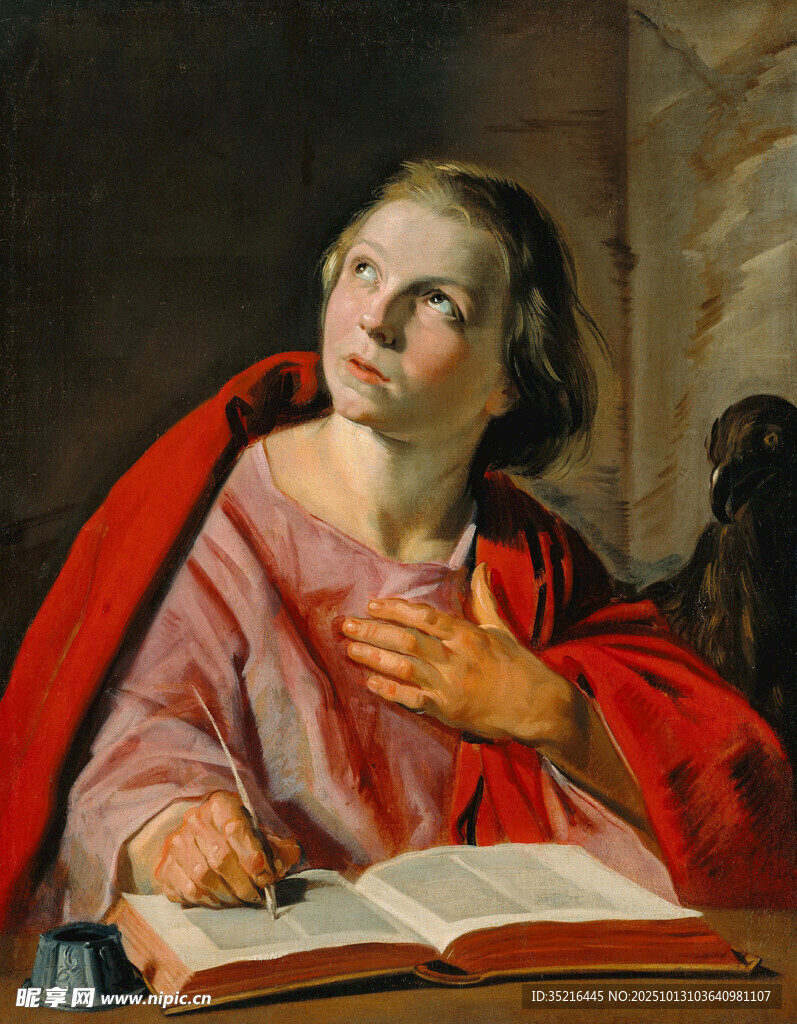 祈祷的红衣女子与翻开的书