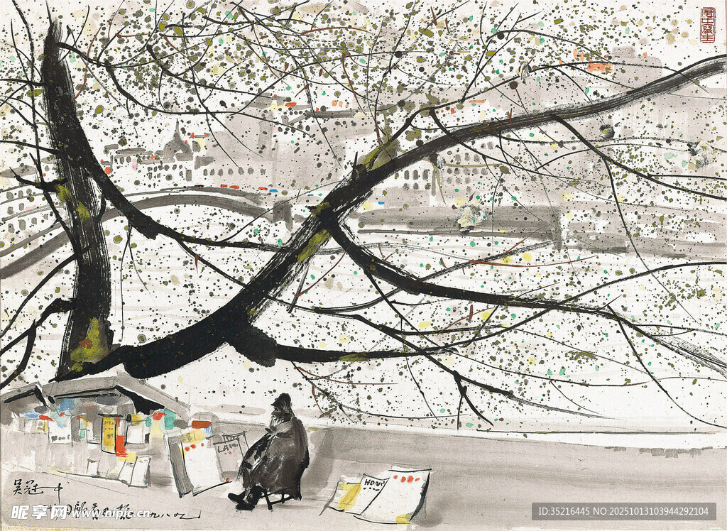 雪中树下独坐的书画艺人