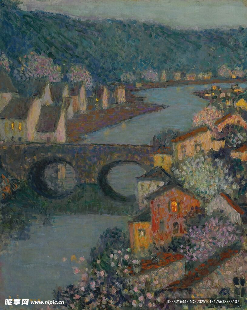 河畔小镇风景油画