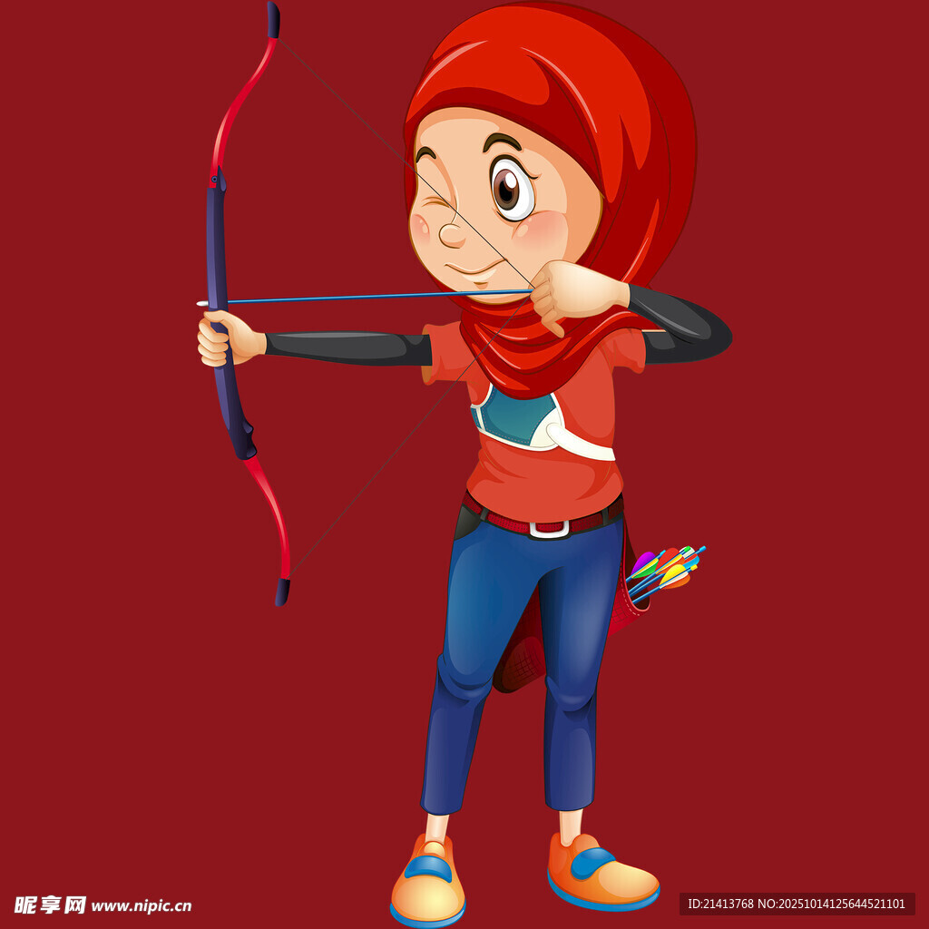 红衣少女专注拉弓射箭