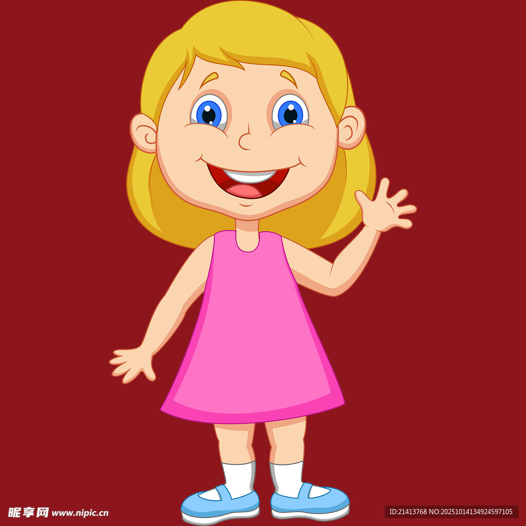穿粉裙挥手的可爱小女孩