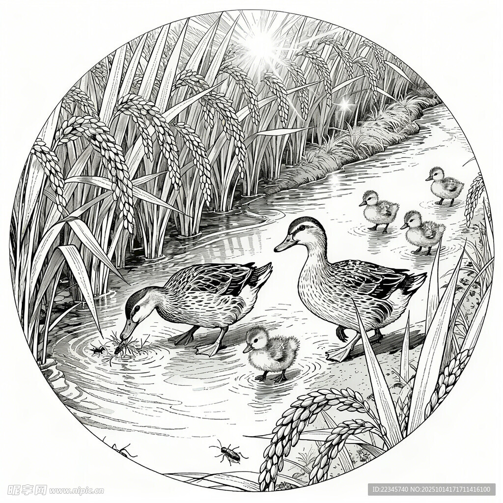 池塘中漫步的鸭群 鸭稻共生 