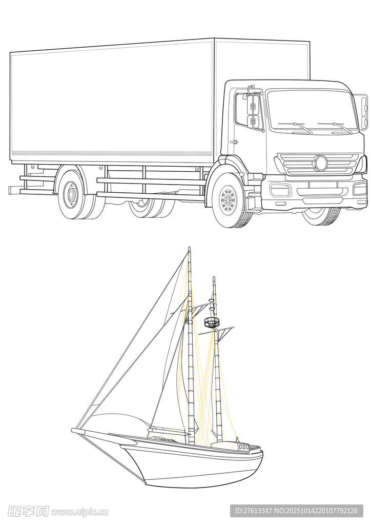 卡车与帆船的手绘轮廓图