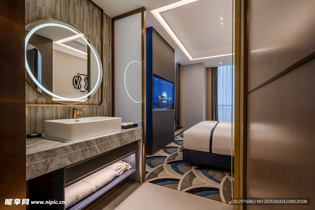 现代风酒店浴室与卧室一角