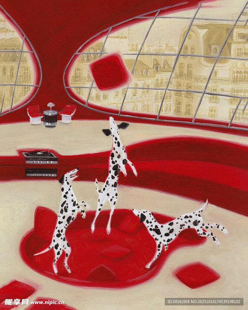 室内三只斑点狗玩耍场景