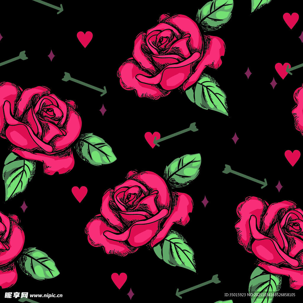 黑色背景上的玫瑰爱心图案