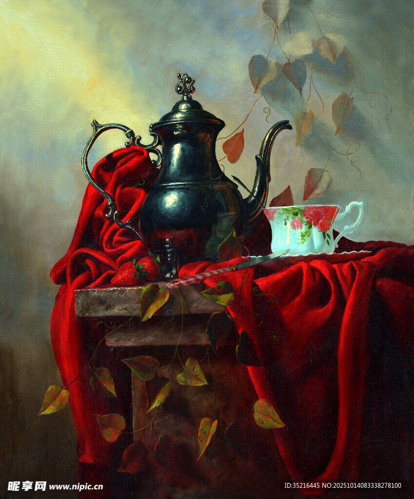 复古红布上的精致茶具