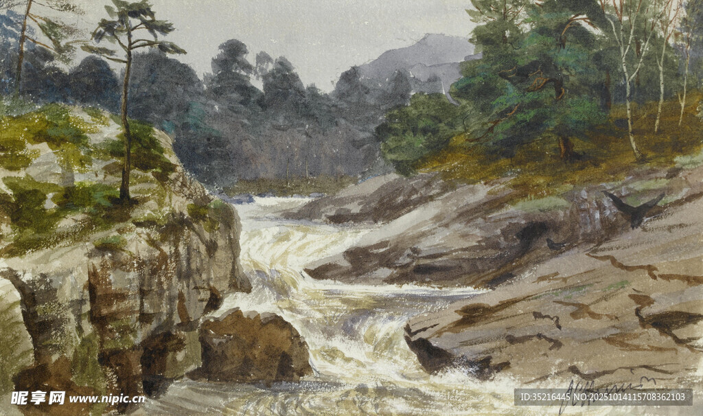 山间湍急溪流风景图