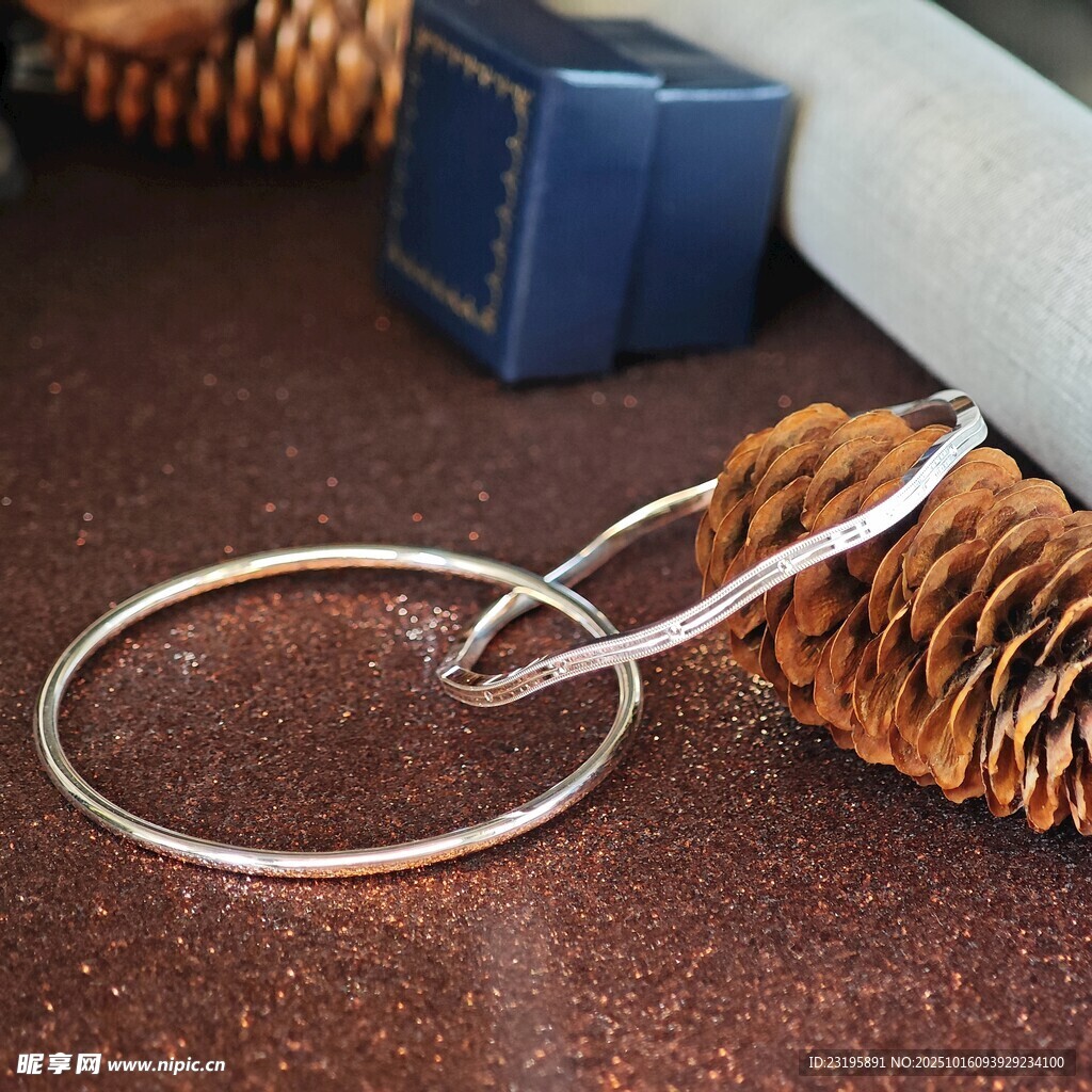 银质圆环与松果装饰摆件