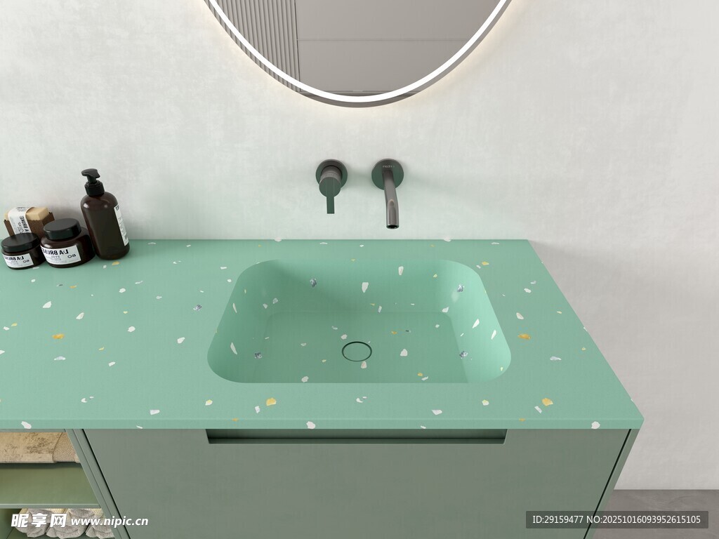 浅绿色洗手台搭配圆形镜