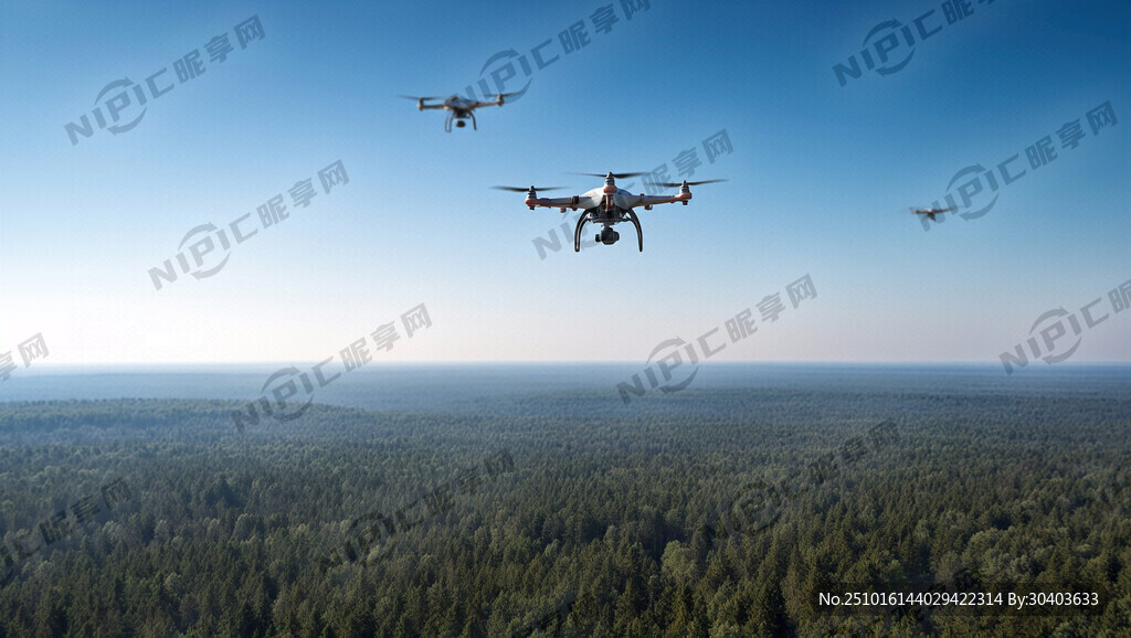 蓝天上3个无人机盘旋