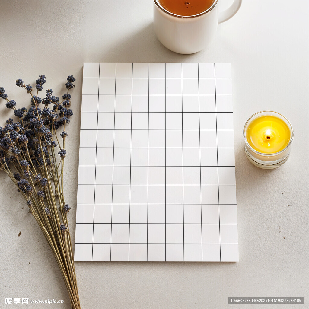 方格纸旁的薰衣草与蜡烛