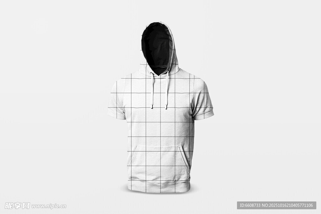 白色格子连帽短袖T恤