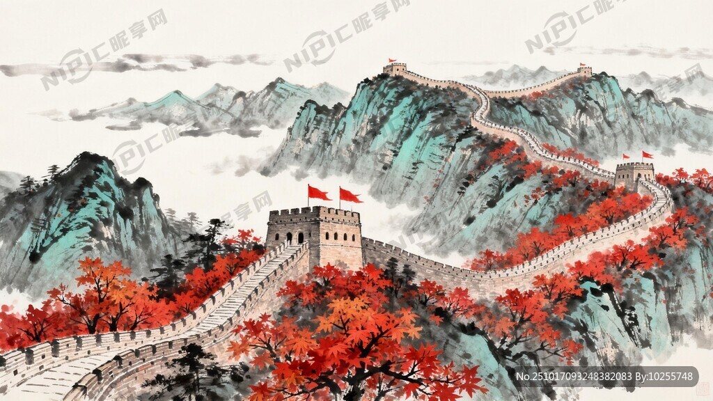 下面一半是雄伟的山脉 红旗招展