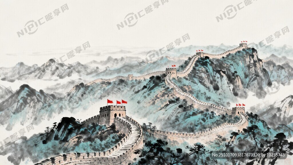 下面一半是雄伟的山脉 红旗招展