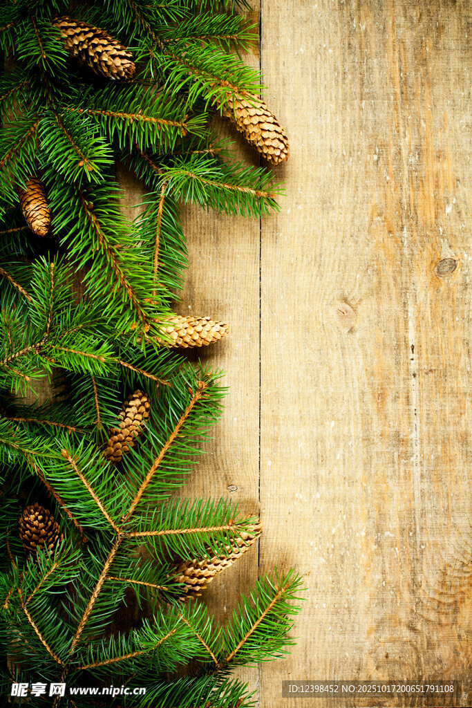松枝松果装点的木质背景