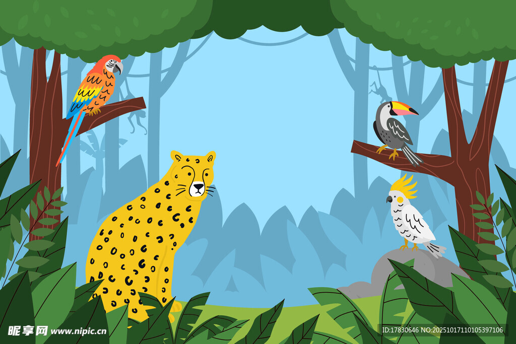 丛林中的猎豹与多彩鸟儿