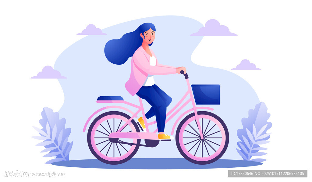 女孩快乐骑行于美好风景中