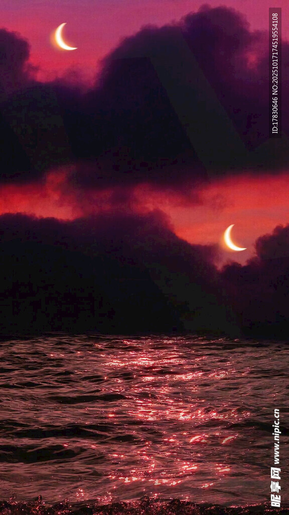 海上双月映红霞
