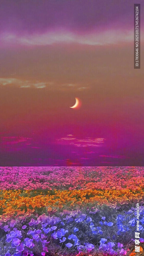 梦幻花海中的弯月美景