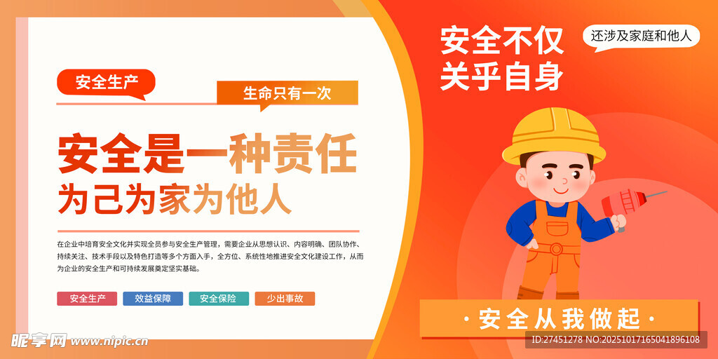 橙色简约风安全生产工地标语展板