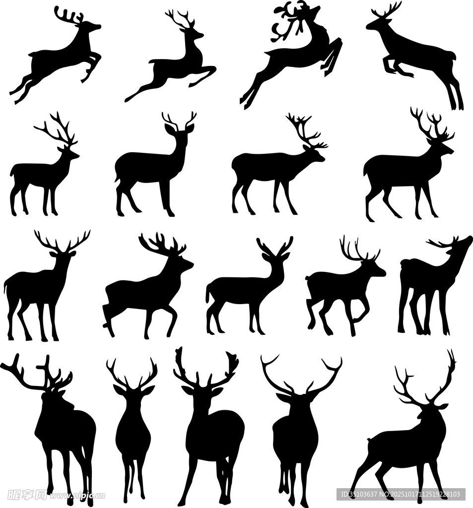 多样姿态的鹿剪影集合