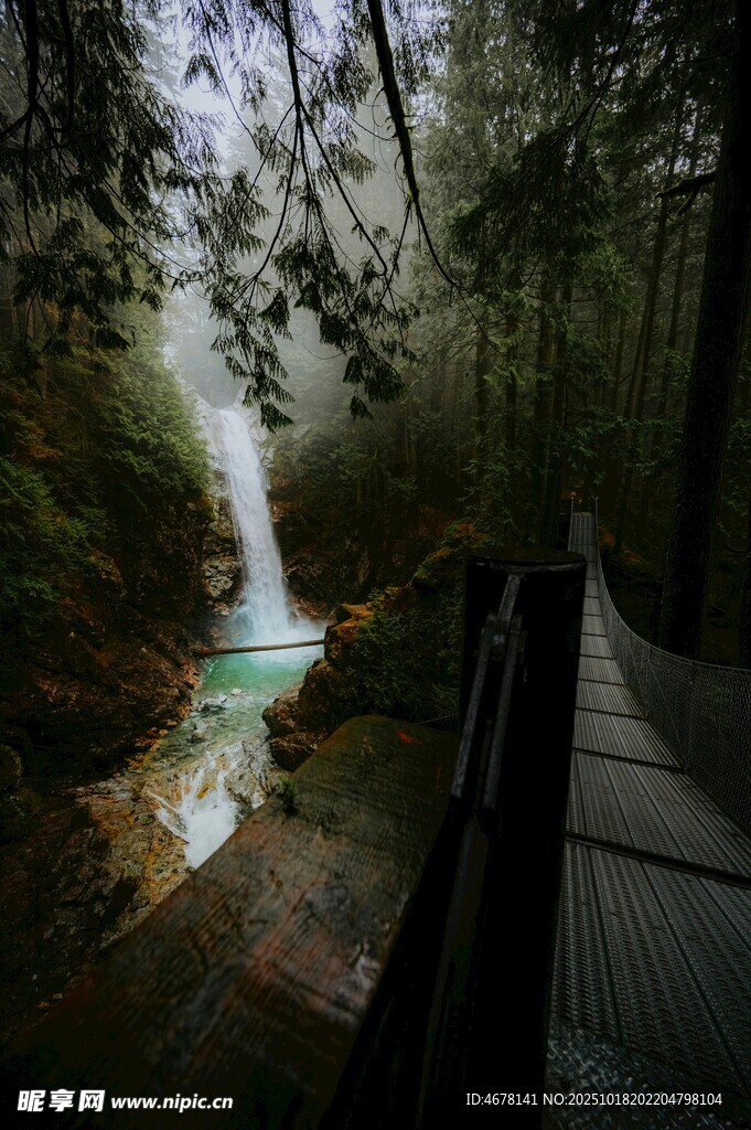 林间栈道旁的清幽瀑布