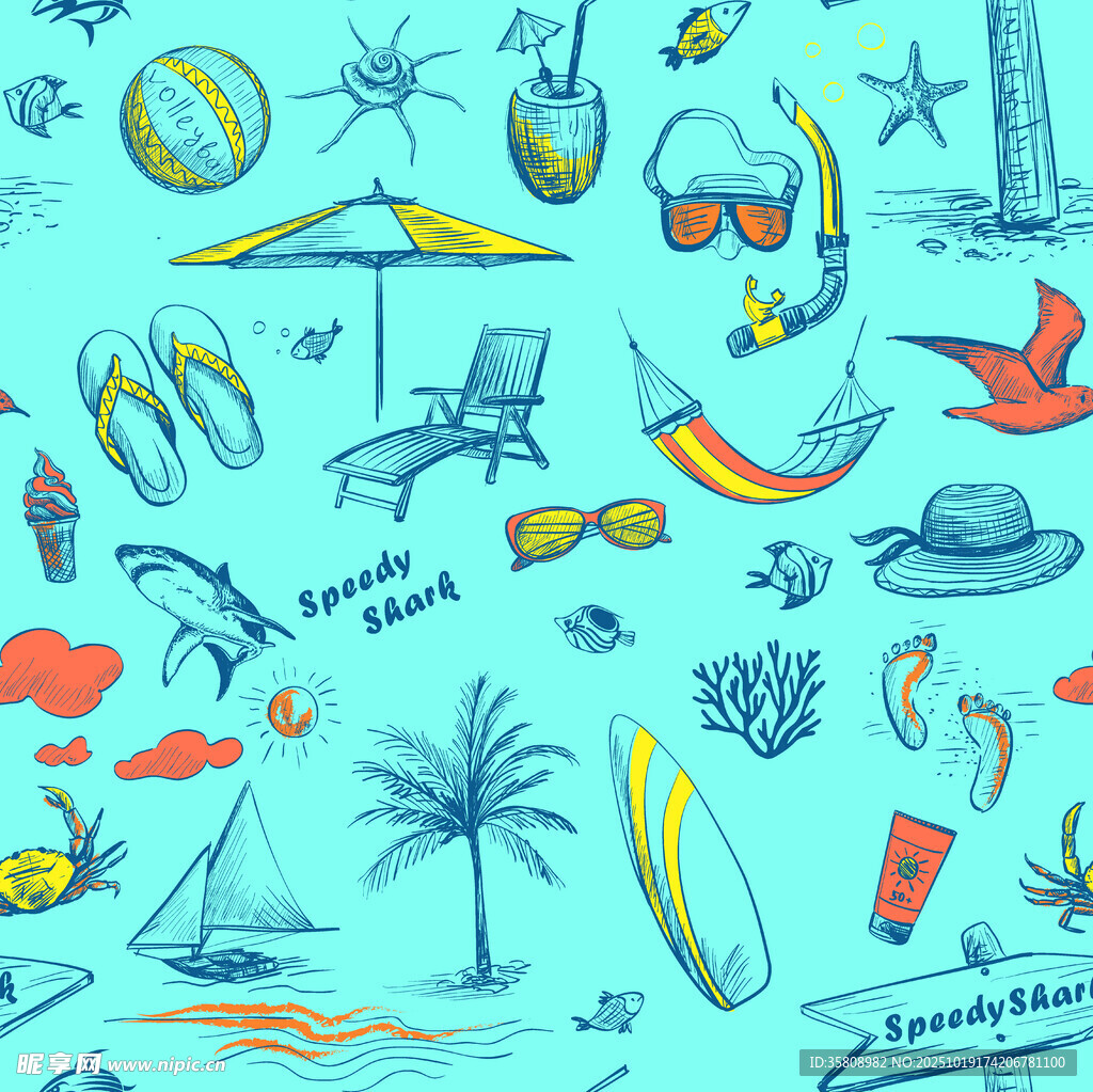 夏日海滩度假手绘元素