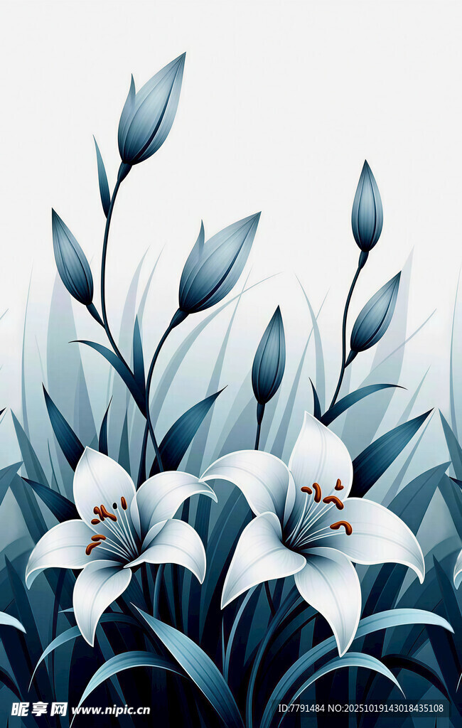 蓝调百合花插画