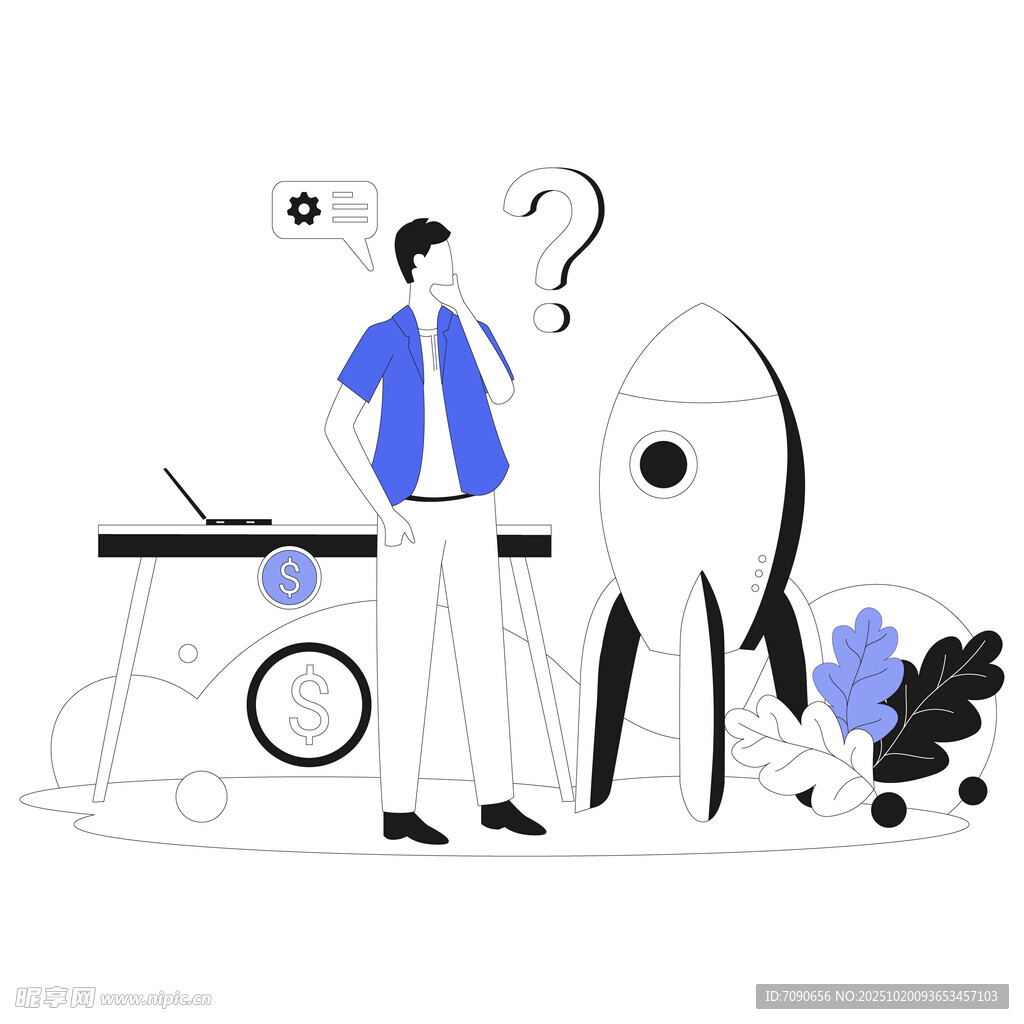 科技工作者与火箭创意插画