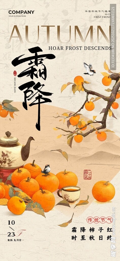 秋季霜降柿子插画场景