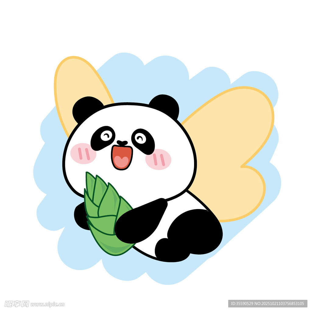 带翅膀的可爱熊猫抱绿叶
