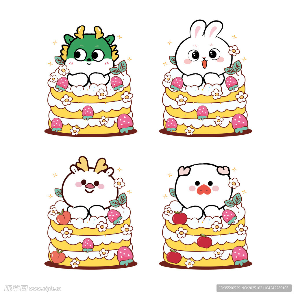 可爱动物蛋糕插画