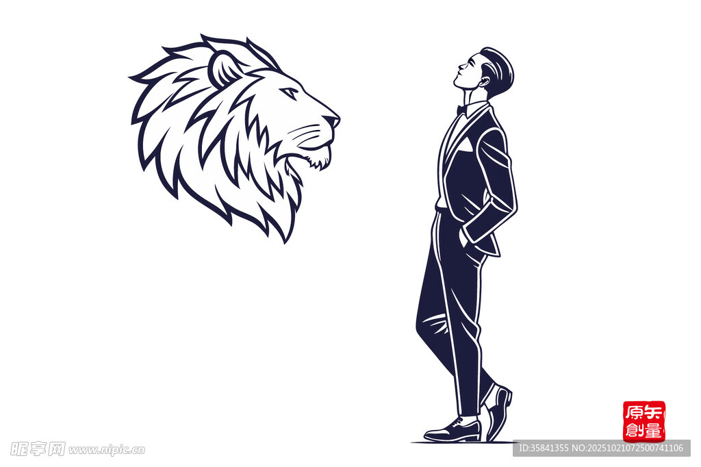 人与狮的对视剪影