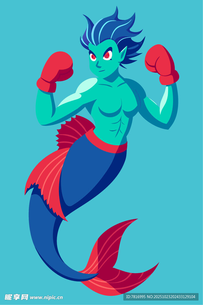 拳击美人鱼形象插画