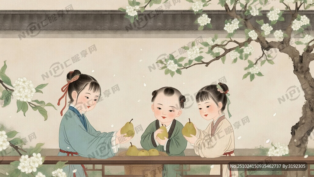 古风 几个孩童分梨插画