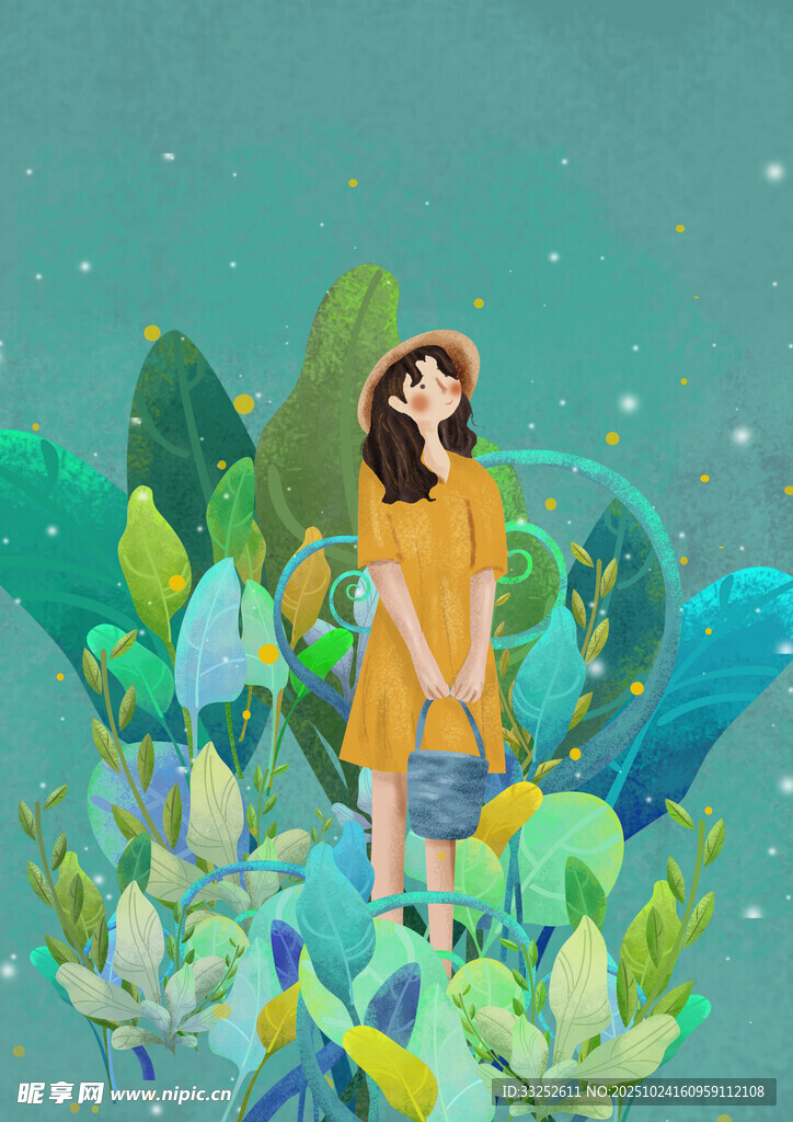 女孩置身繁茂绿植中