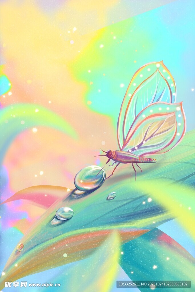 梦幻彩翼蜻蜓栖于绿叶