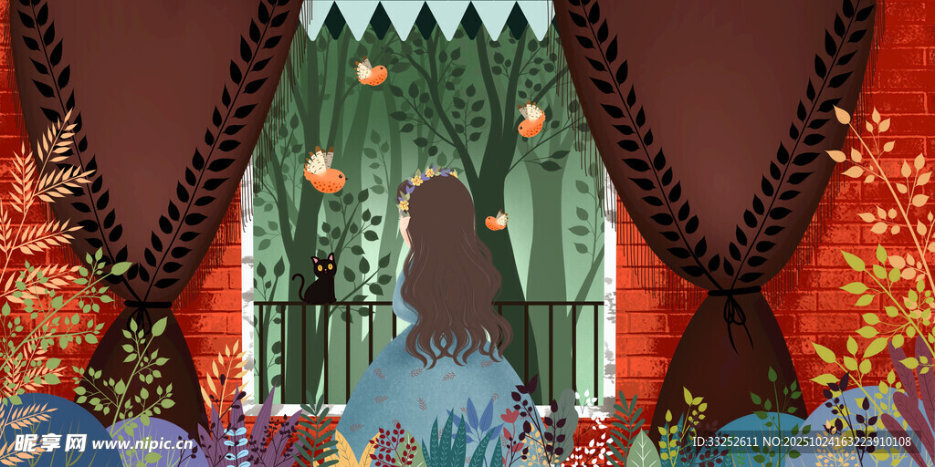 梦幻森林舞台场景插画