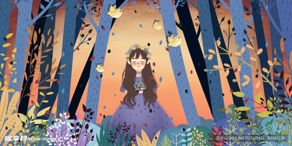 森林中漫步的动漫人物